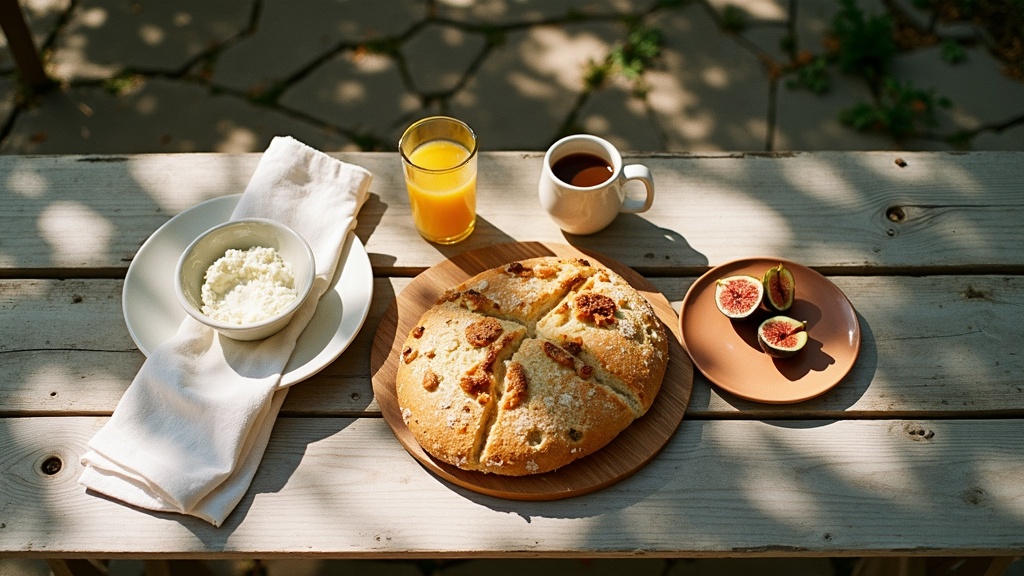 Colazione servita nell'aia sotto il carrubo di due secoli